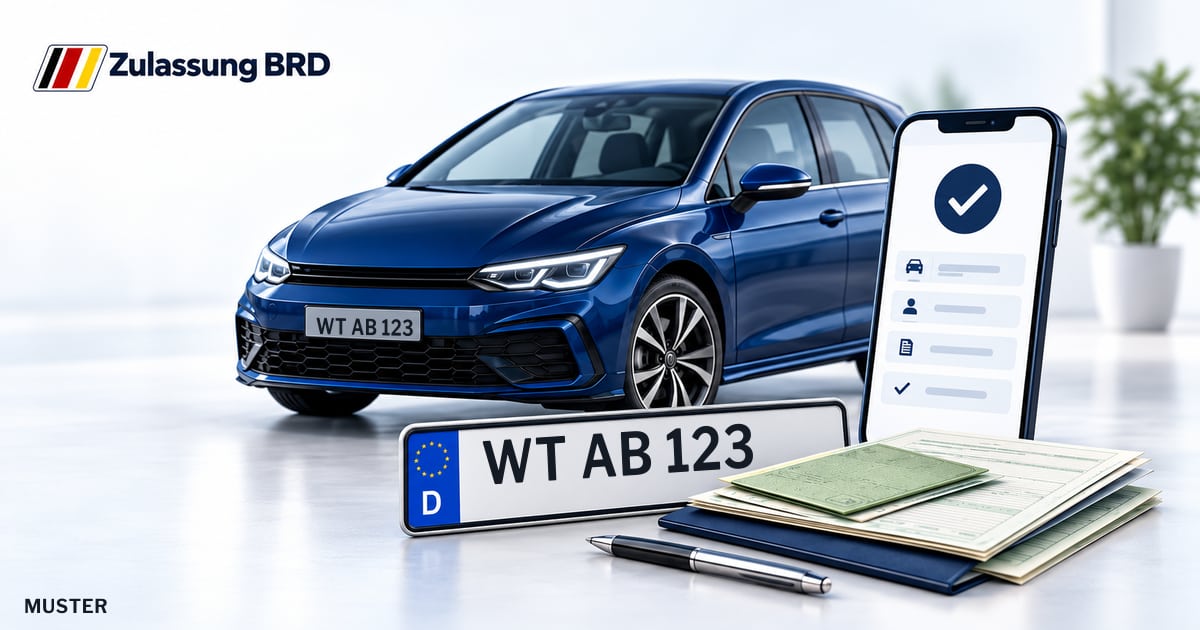 Online Fahrzeugzulassung in Bad Säckingen: Musterkennzeichen WT AB 123, Auto und Fahrzeugpapiere und Smartphone. Illustration mit Logo von Zulassung BRD.